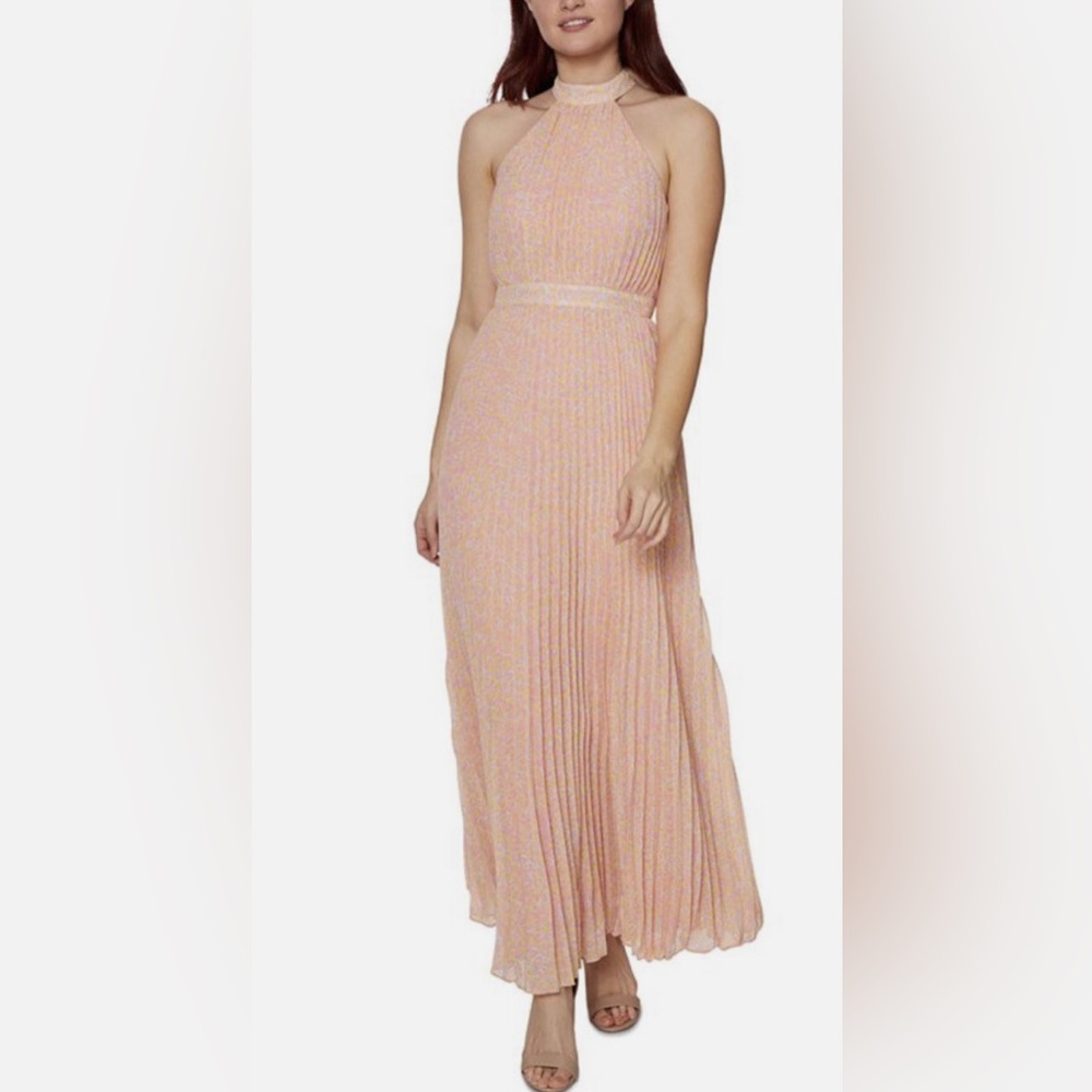 NWT Betsey Johnson Halter Maxi Pleated Dress In Pink Pop Multi‎ Leopard Print